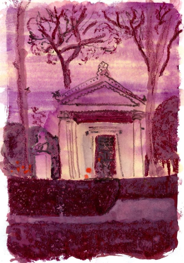 Mixed media image in a strong purple of a temple between trees